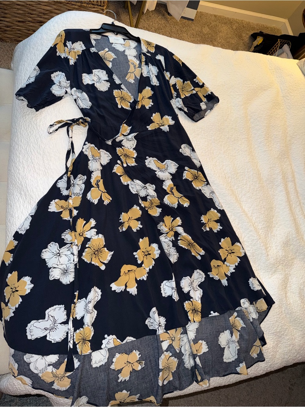 Just Female Black Wrap Midi Dress with Mustard & White Floral Print